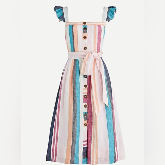 J CREW Linen Button-up midi dress in mixed stripe Multicolor Sleeveless Lined - Picture 3 of 15